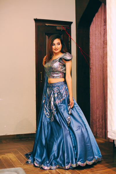 Metallic Purple Scalloped Lehenga Indian Clothing in Denver, CO, Aurora, CO, Boulder, CO, Fort Collins, CO, Colorado Springs, CO, Parker, CO, Highlands Ranch, CO, Cherry Creek, CO, Centennial, CO, and Longmont, CO. NATIONWIDE SHIPPING USA- India Fashion X