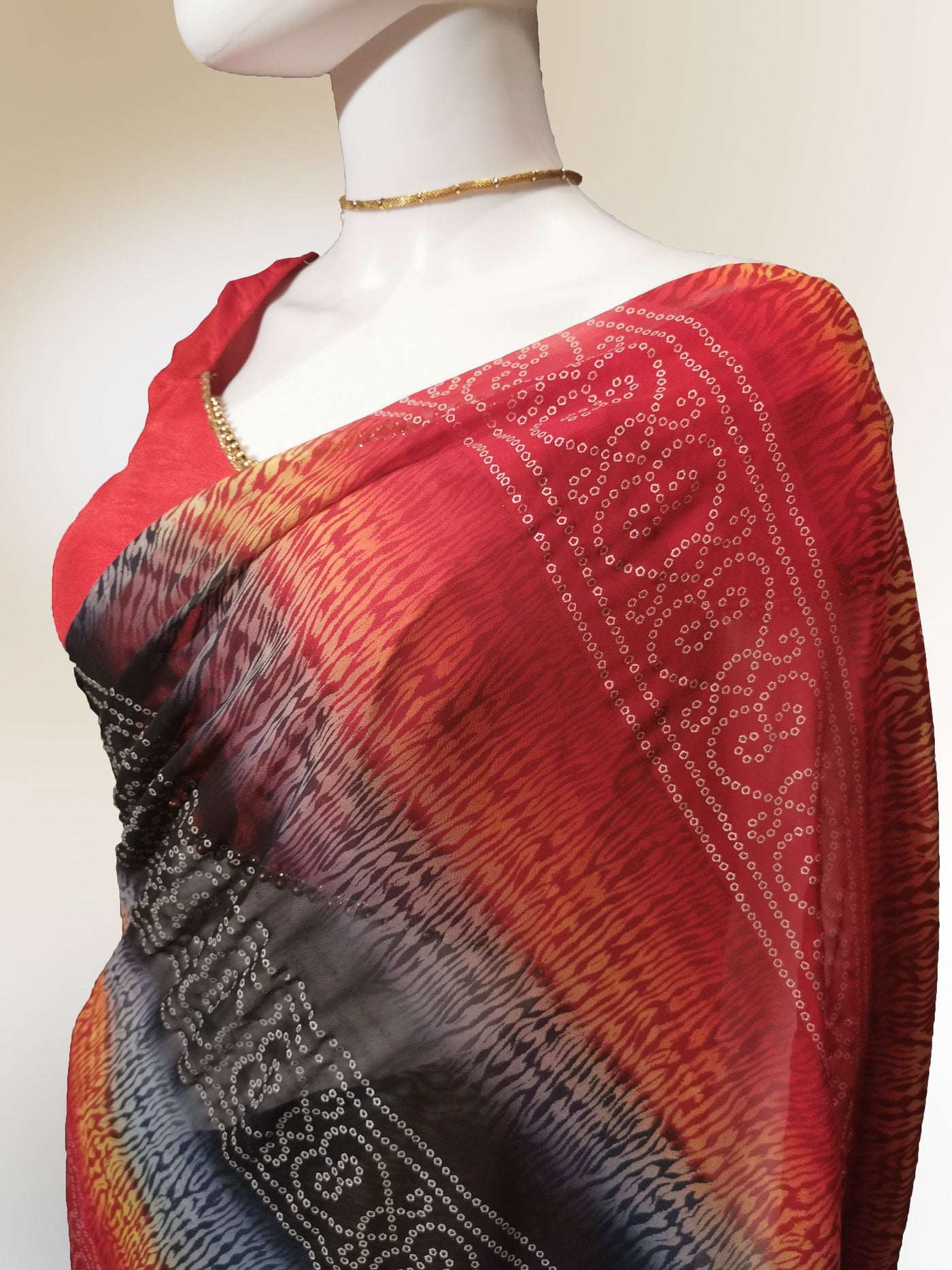 Saree in Fiery Red blend and Black with Henna Print Indian Clothing in Denver, CO, Aurora, CO, Boulder, CO, Fort Collins, CO, Colorado Springs, CO, Parker, CO, Highlands Ranch, CO, Cherry Creek, CO, Centennial, CO, and Longmont, CO. NATIONWIDE SHIPPING USA- India Fashion X