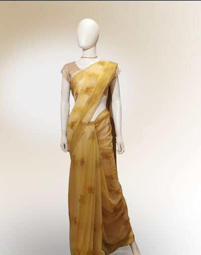Saree in Golden Yellow with Brushed Floral Print Indian Clothing in Denver, CO, Aurora, CO, Boulder, CO, Fort Collins, CO, Colorado Springs, CO, Parker, CO, Highlands Ranch, CO, Cherry Creek, CO, Centennial, CO, and Longmont, CO. NATIONWIDE SHIPPING USA- India Fashion X