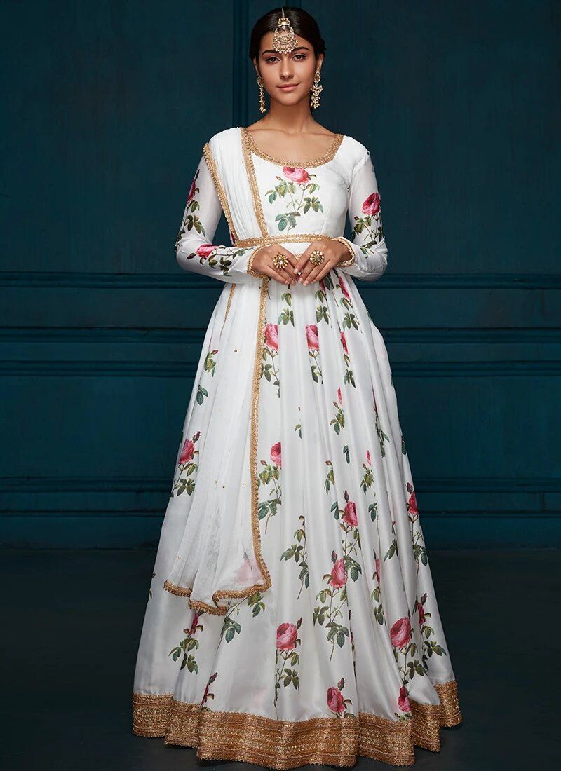 Anarkali in White Floral Printed Satin- Indian Clothing in Denver, CO and Aurora, CO- India Fashion X Indian Fashion Xpressions Anarkali in White Floral Printed Satin- Indian Clothing in Denver, CO and Aurora, CO- India Fashion X Indian Fashion Xpressions