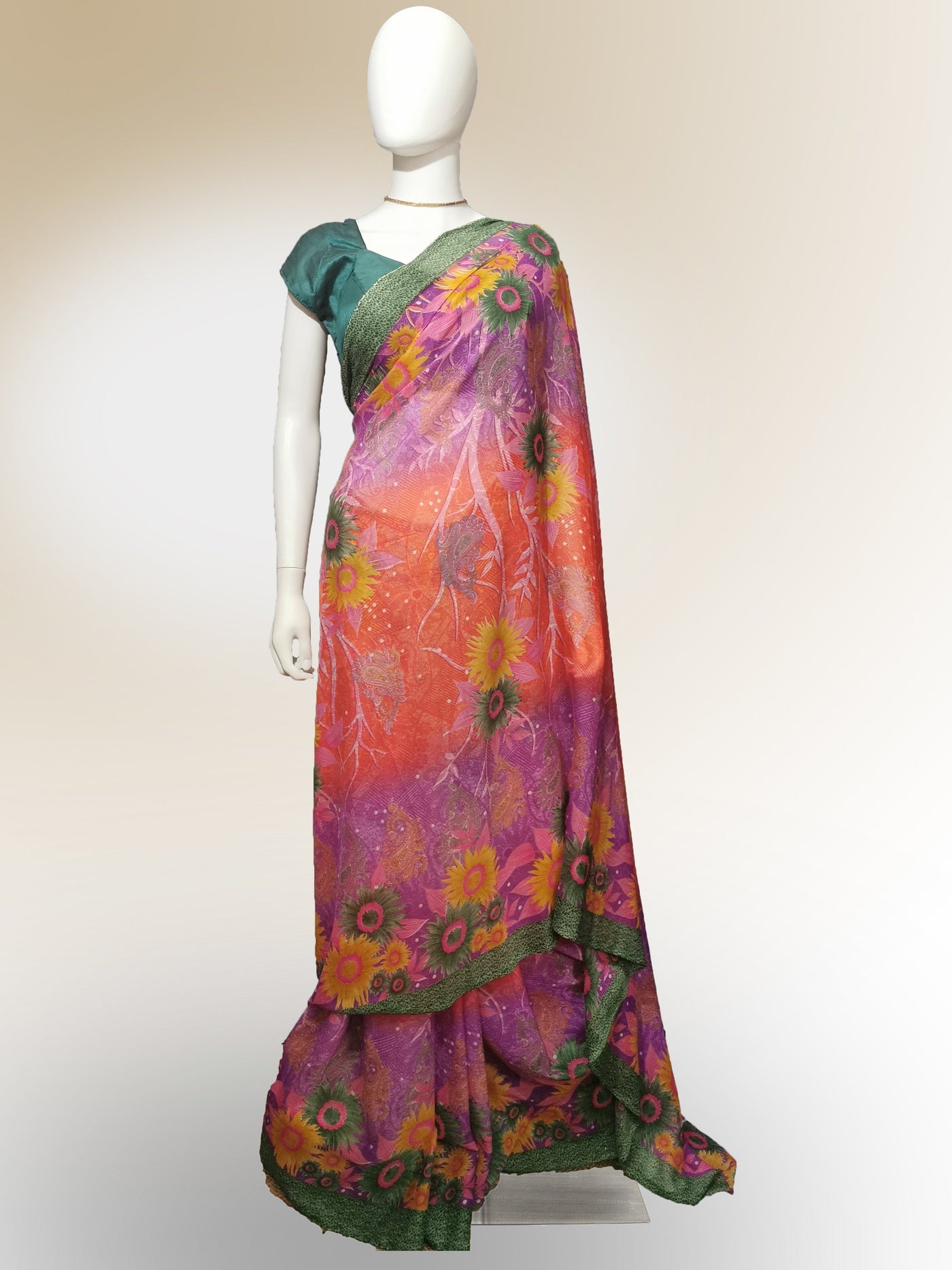 Saree in Tropical Floral Motif Indian Clothing in Denver, CO, Aurora, CO, Boulder, CO, Fort Collins, CO, Colorado Springs, CO, Parker, CO, Highlands Ranch, CO, Cherry Creek, CO, Centennial, CO, and Longmont, CO. NATIONWIDE SHIPPING USA- India Fashion X
