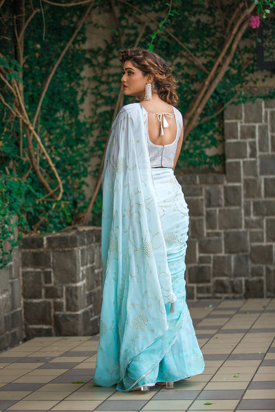 White Aqua Blended Saree - Indian Clothing in Denver, CO, Aurora, CO, Boulder, CO, Fort Collins, CO, Colorado Springs, CO, Parker, CO, Highlands Ranch, CO, Cherry Creek, CO, Centennial, CO, and Longmont, CO. Nationwide shipping USA - India Fashion X