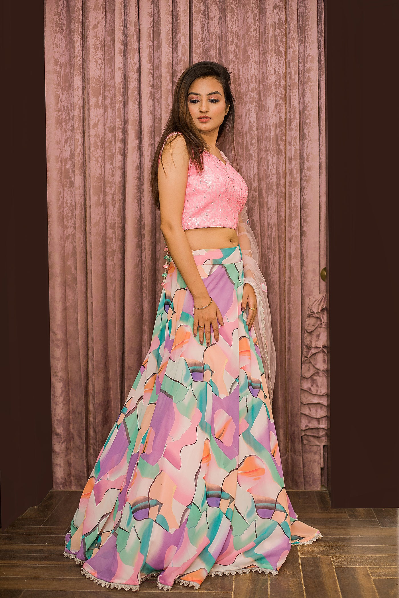 Pink Contemporary Print Lehenga Indian Clothing in Denver, CO, Aurora, CO, Boulder, CO, Fort Collins, CO, Colorado Springs, CO, Parker, CO, Highlands Ranch, CO, Cherry Creek, CO, Centennial, CO, and Longmont, CO. NATIONWIDE SHIPPING USA- India Fashion X