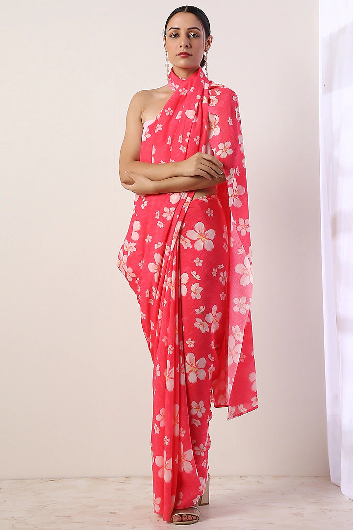 Hot Pink Printed Saree Set - Indian Clothing in Denver, CO, Aurora, CO, Boulder, CO, Fort Collins, CO, Colorado Springs, CO, Parker, CO, Highlands Ranch, CO, Cherry Creek, CO, Centennial, CO, and Longmont, CO. Nationwide shipping USA - India Fashion X