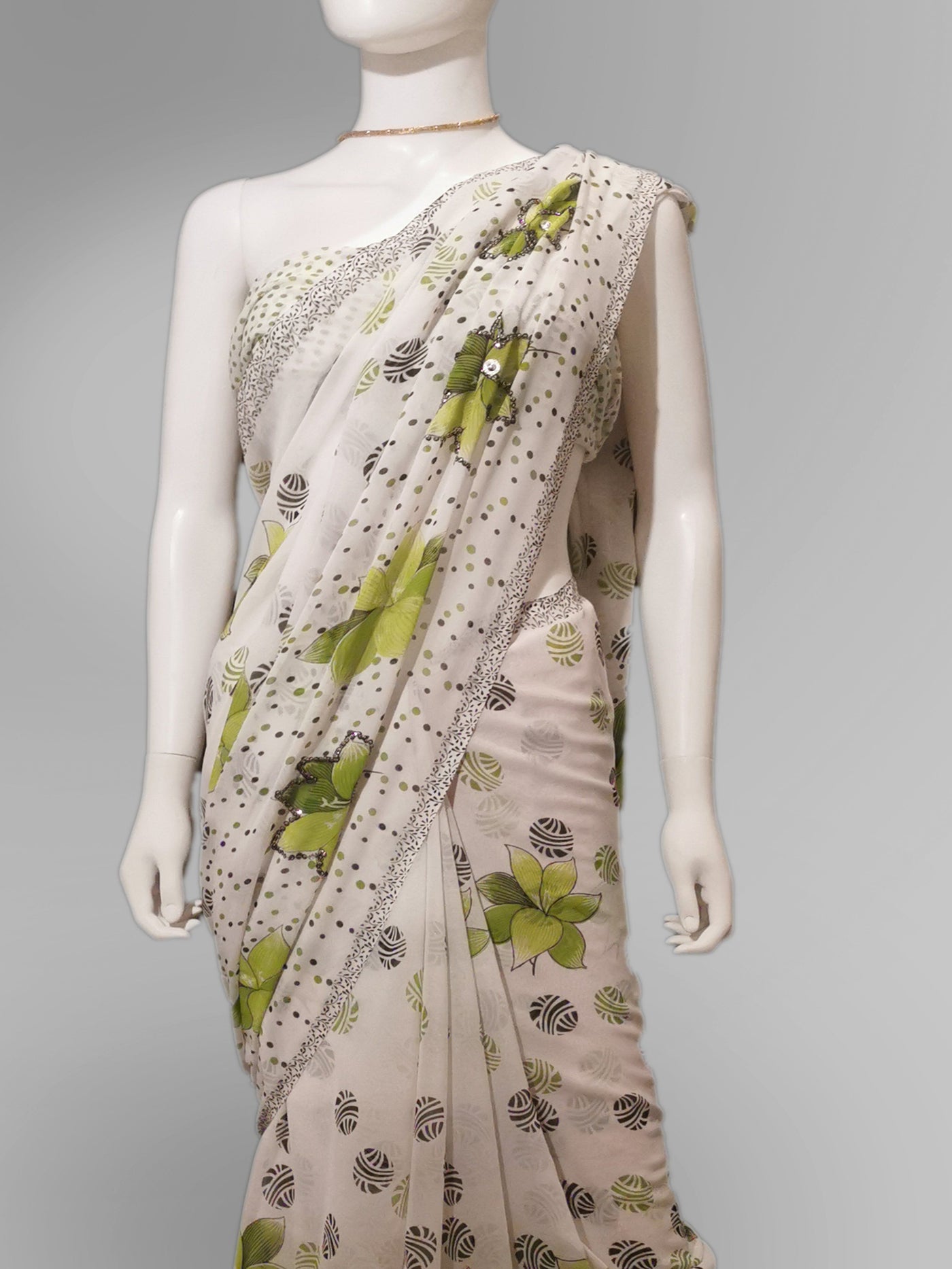 Saree in White and Green Floral Featured with Sequin Work - Indian Clothing in Denver, CO, Aurora, CO, Boulder, CO, Fort Collins, CO, Colorado Springs, CO, Parker, CO, Highlands Ranch, CO, Cherry Creek, CO, Centennial, CO, and Longmont, CO. Nationwide shipping USA - India Fashion X