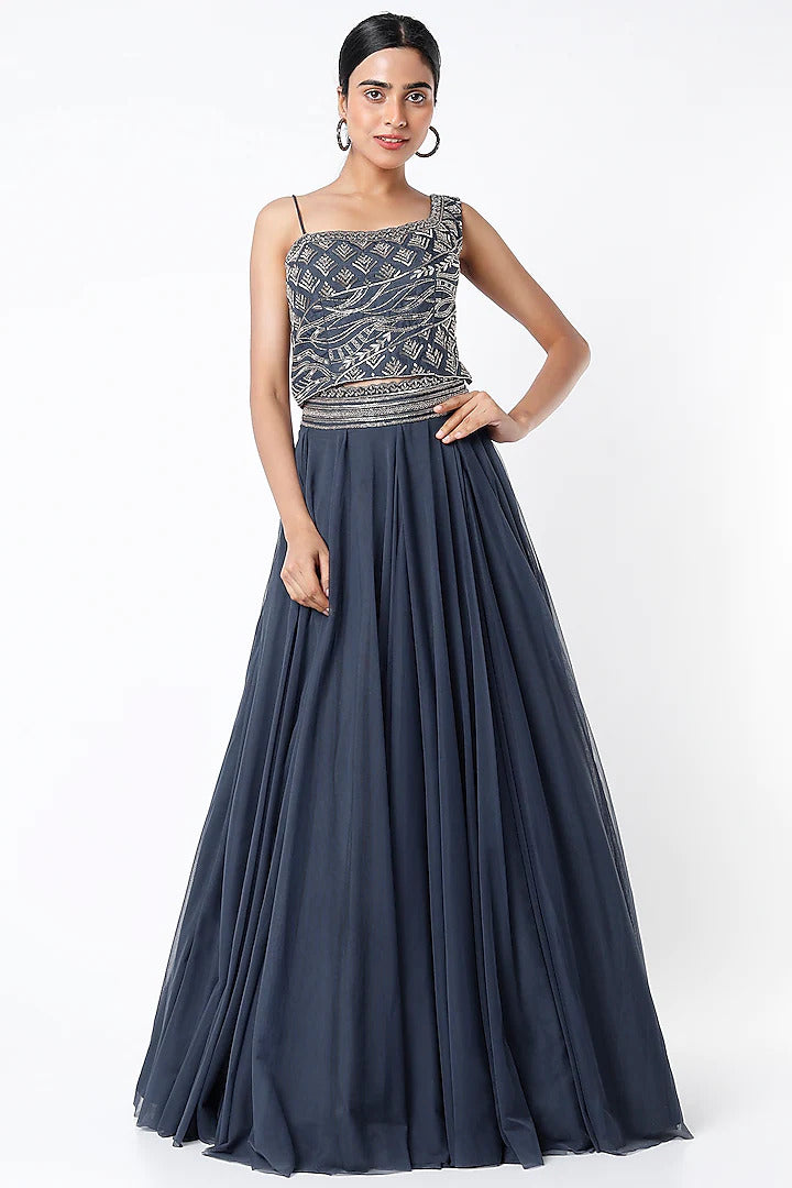 Medieval Blue Lehenga Set - Indian Clothing in Denver, CO, Aurora, CO, Boulder, CO, Fort Collins, CO, Colorado Springs, CO, Parker, CO, Highlands Ranch, CO, Cherry Creek, CO, Centennial, CO, and Longmont, CO. Nationwide shipping USA - India Fashion X
