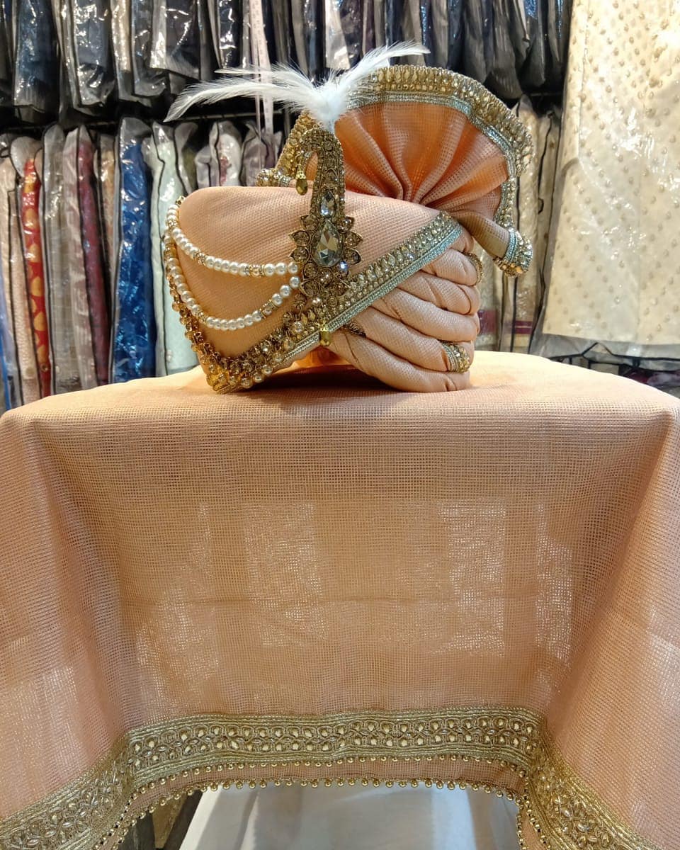 Peach Groom Pagri Dupatta Set Indian Clothing in Denver, CO, Aurora, CO, Boulder, CO, Fort Collins, CO, Colorado Springs, CO, Parker, CO, Highlands Ranch, CO, Cherry Creek, CO, Centennial, CO, and Longmont, CO. NATIONWIDE SHIPPING USA- India Fashion X