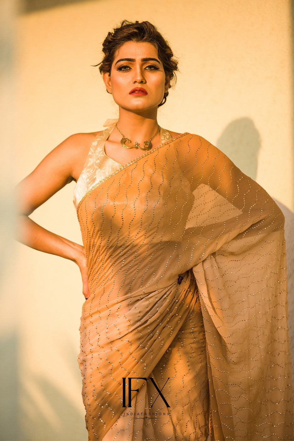 Butterscotch Blend Sequin Saree - Indian Clothing in Denver, CO, Aurora, CO, Boulder, CO, Fort Collins, CO, Colorado Springs, CO, Parker, CO, Highlands Ranch, CO, Cherry Creek, CO, Centennial, CO, and Longmont, CO. Nationwide shipping USA - India Fashion X