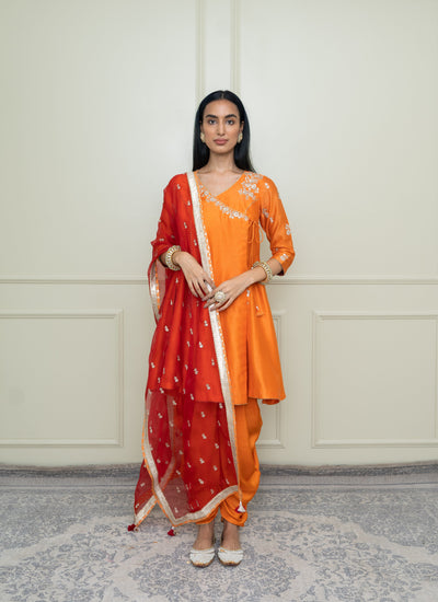 Pumpkin Angrakha Set - Indian Clothing in Denver, CO, Aurora, CO, Boulder, CO, Fort Collins, CO, Colorado Springs, CO, Parker, CO, Highlands Ranch, CO, Cherry Creek, CO, Centennial, CO, and Longmont, CO. Nationwide shipping USA - India Fashion X