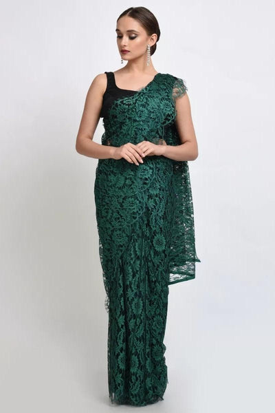 Green French Chantilly Lace Saree - Indian Clothing in Denver, CO, Aurora, CO, Boulder, CO, Fort Collins, CO, Colorado Springs, CO, Parker, CO, Highlands Ranch, CO, Cherry Creek, CO, Centennial, CO, and Longmont, CO. Nationwide shipping USA - India Fashion X