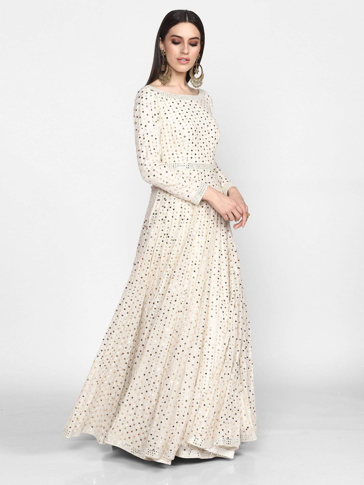 Off-White Anarkali Gown - Indian Clothing in Denver, CO, Aurora, CO, Boulder, CO, Fort Collins, CO, Colorado Springs, CO, Parker, CO, Highlands Ranch, CO, Cherry Creek, CO, Centennial, CO, and Longmont, CO. Nationwide shipping USA - India Fashion X