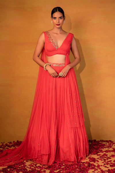 Peach Net lehenga Set - Indian Clothing in Denver, CO, Aurora, CO, Boulder, CO, Fort Collins, CO, Colorado Springs, CO, Parker, CO, Highlands Ranch, CO, Cherry Creek, CO, Centennial, CO, and Longmont, CO. Nationwide shipping USA - India Fashion X