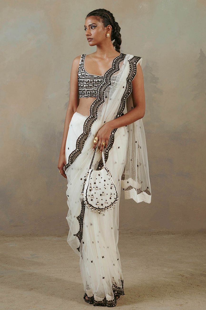 Ebony And Ivory Scalloped Saree Indian Clothing in Denver, CO, Aurora, CO, Boulder, CO, Fort Collins, CO, Colorado Springs, CO, Parker, CO, Highlands Ranch, CO, Cherry Creek, CO, Centennial, CO, and Longmont, CO. NATIONWIDE SHIPPING USA- India Fashion X