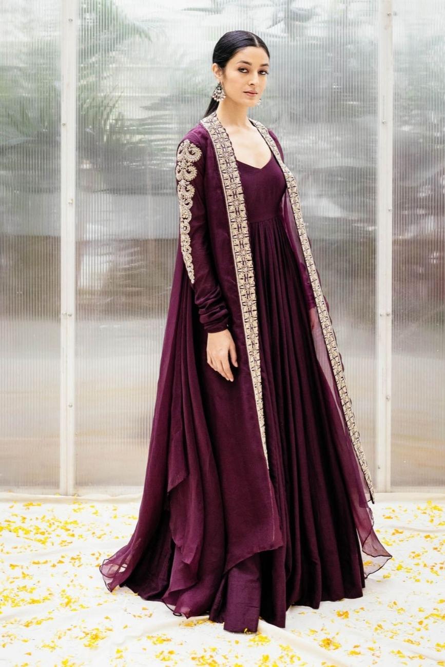 Plum Anarkali With Embroidered Cape- Indian Clothing in Denver, CO and Aurora, CO- India Fashion X Indian Fashion Xpressions Plum Anarkali With Embroidered Cape- Indian Clothing in Denver, CO and Aurora, CO- India Fashion X Indian Fashion Xpressions