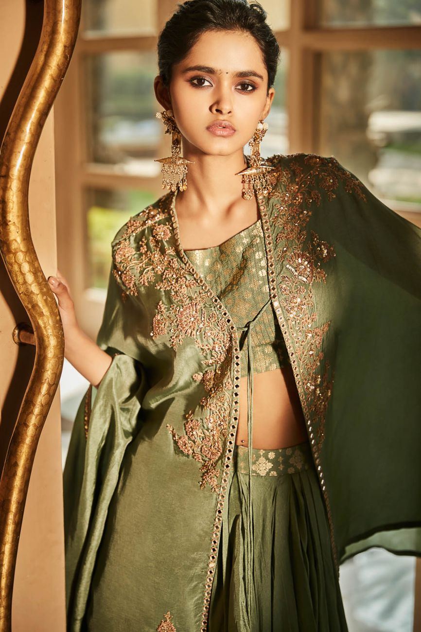 Jade Green Cape Skirt Set - Indian Clothing in Denver, CO, Aurora, CO, Boulder, CO, Fort Collins, CO, Colorado Springs, CO, Parker, CO, Highlands Ranch, CO, Cherry Creek, CO, Centennial, CO, and Longmont, CO. Nationwide shipping USA - India Fashion X