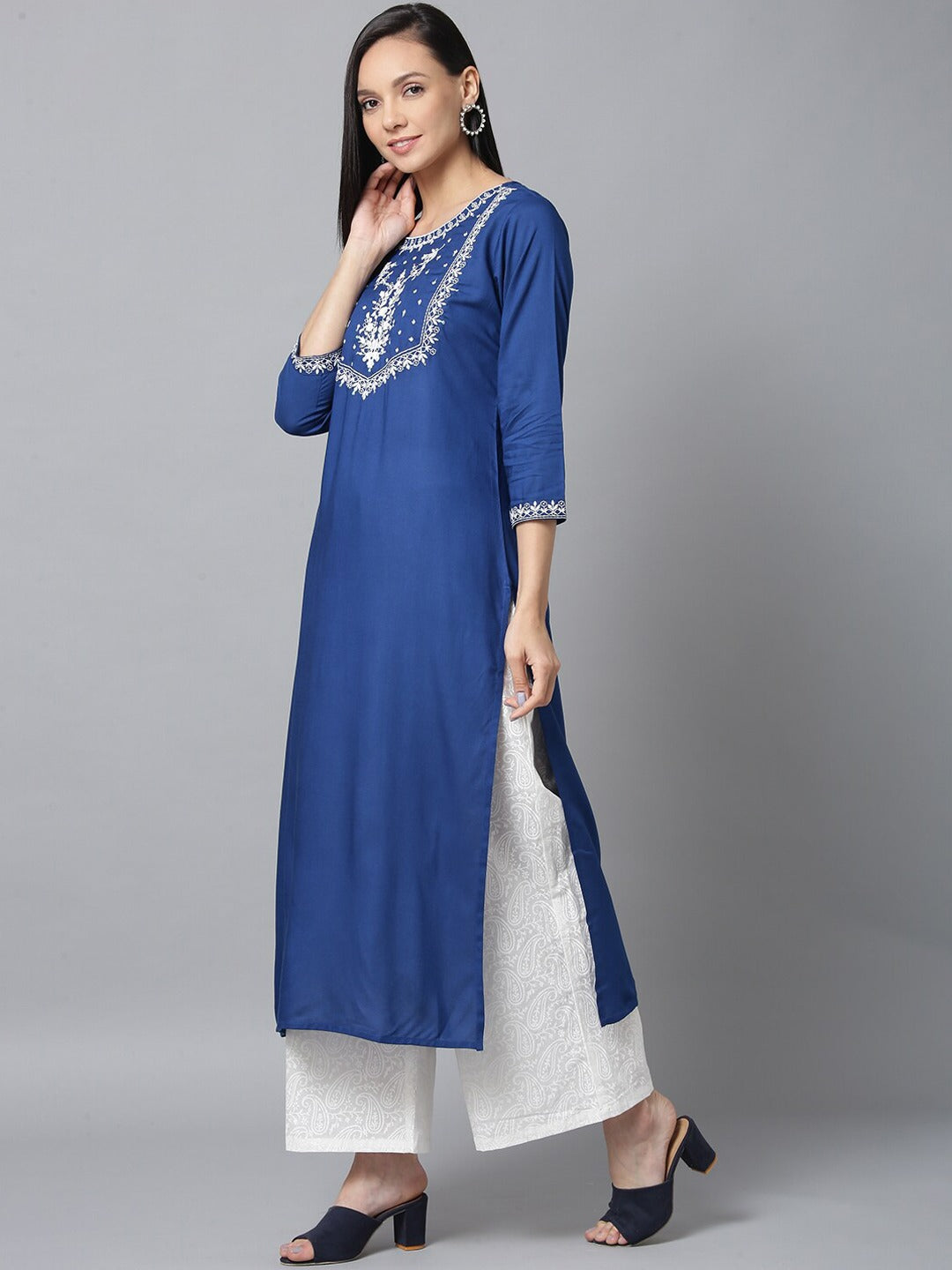 Kurta Palazzo in Blue  & White Yoke - Indian Clothing in Denver, CO, Aurora, CO, Boulder, CO, Fort Collins, CO, Colorado Springs, CO, Parker, CO, Highlands Ranch, CO, Cherry Creek, CO, Centennial, CO, and Longmont, CO. Nationwide shipping USA - India Fashion X