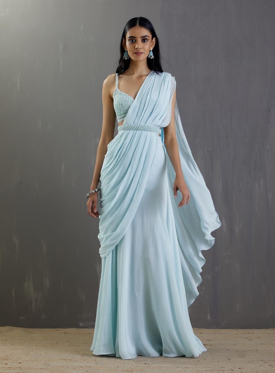 Sky Blue Pre-Draped Saree Set- Indian Clothing in Denver, CO and Aurora, CO- India Fashion X XS