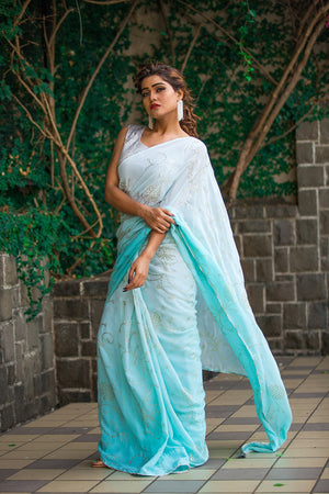 White and Aqua Saree from the new threaded silks collection - Indian clothing in Denver, CO - India Fashion X