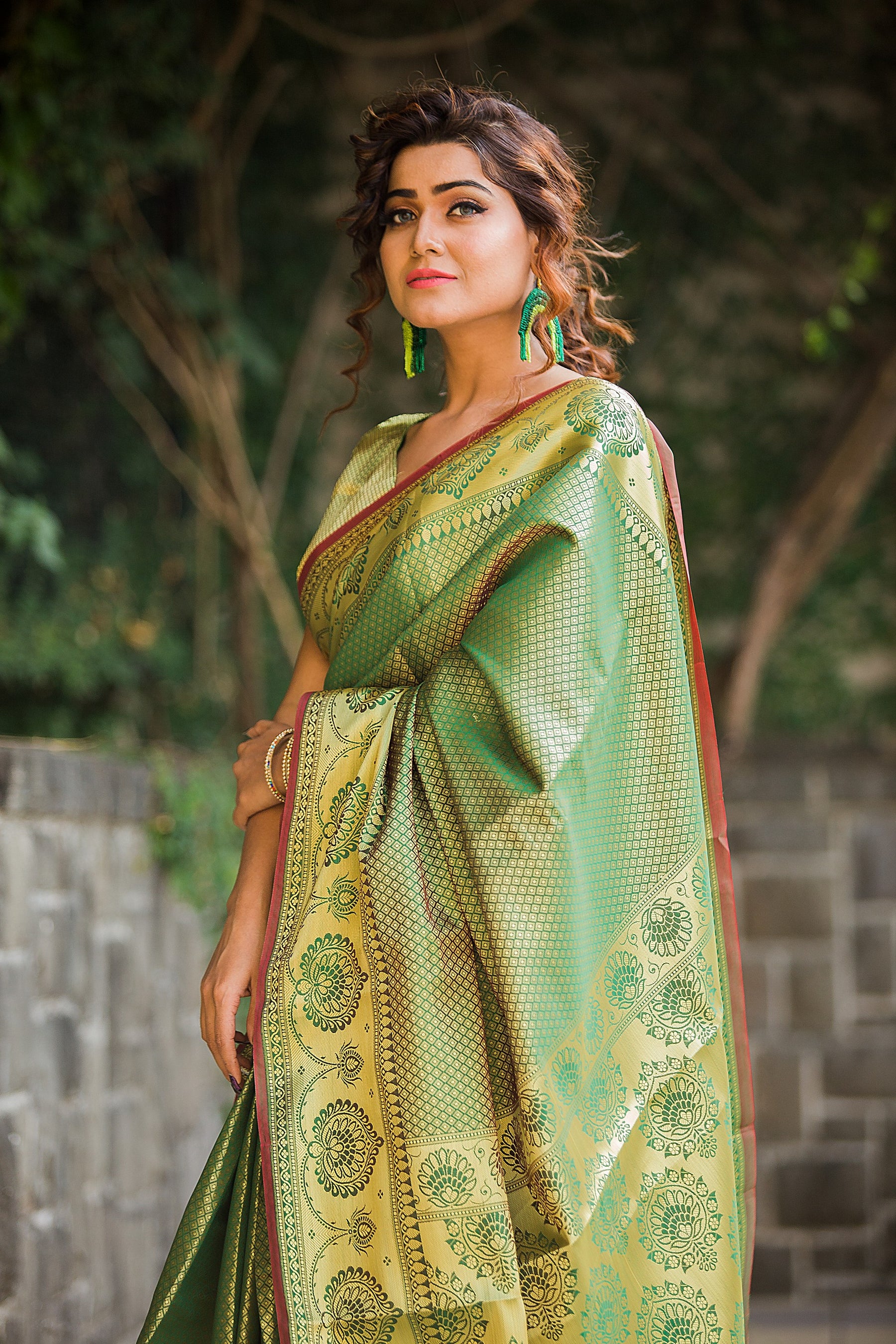close up of Green Banarasi Silk Saree Saree from the new threaded silks collection - Indian clothing in Denver, CO - India Fashion X