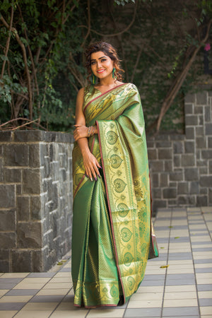 Full body shot of Green Banarasi Silk Saree Saree from the new threaded silks collection - Indian clothing in Denver, CO - India Fashion X
