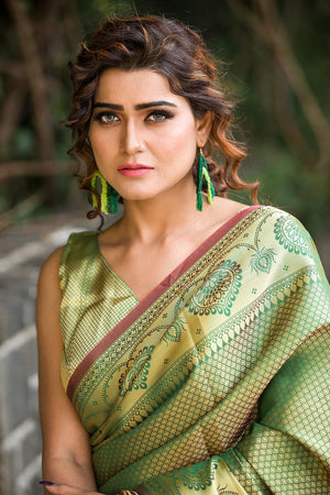 Green Banarasi Silk Saree Saree from the new threaded silks collection - Indian clothing in Denver, CO - India Fashion X