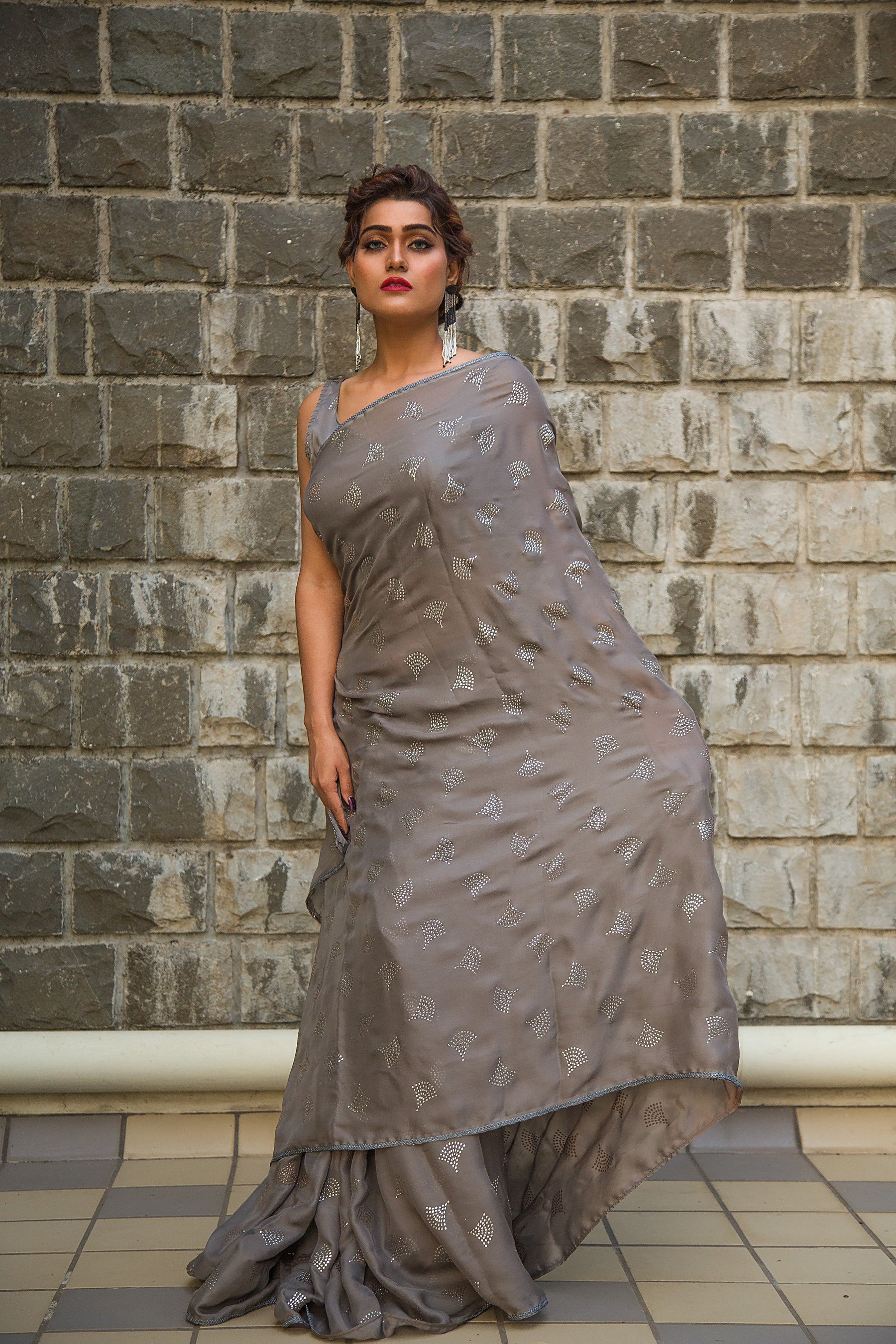 Gloss Gray Saree from the new threaded silks collection - Indian clothing in Denver, CO - India Fashion X