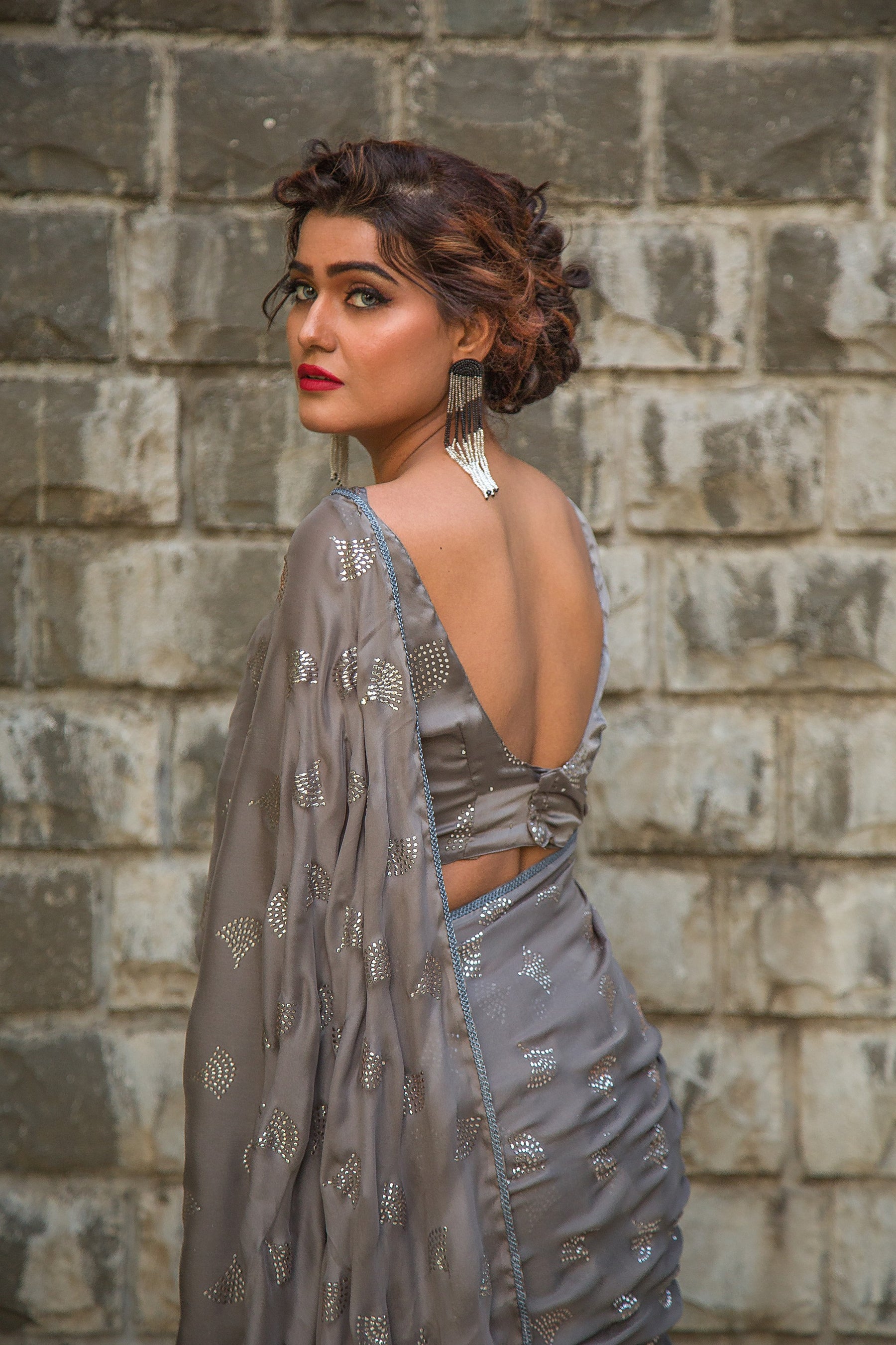 backside view of Gloss Gray Saree from the new threaded silks collection - Indian clothing in Denver, CO - India Fashion X