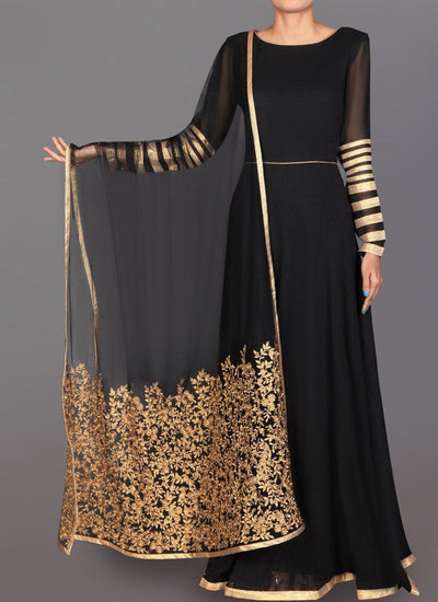 Black and Gold Embroidered Anarkali - Indian Clothing in Denver, CO, Aurora, CO, Boulder, CO, Fort Collins, CO, Colorado Springs, CO, Parker, CO, Highlands Ranch, CO, Cherry Creek, CO, Centennial, CO, and Longmont, CO. Nationwide shipping USA - India Fashion X