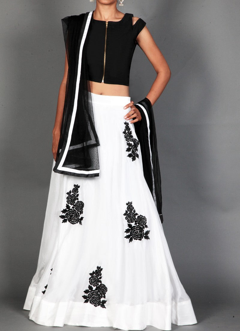 White and Black Floral Lehenga - Indian Clothing in Denver, CO, Aurora, CO, Boulder, CO, Fort Collins, CO, Colorado Springs, CO, Parker, CO, Highlands Ranch, CO, Cherry Creek, CO, Centennial, CO, and Longmont, CO. Nationwide shipping USA - India Fashion X