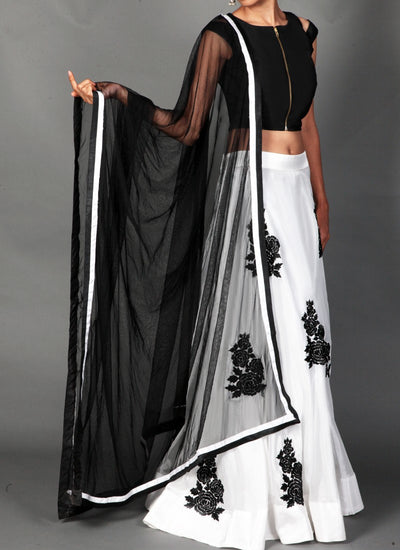 White and Black Floral Lehenga - Indian Clothing in Denver, CO, Aurora, CO, Boulder, CO, Fort Collins, CO, Colorado Springs, CO, Parker, CO, Highlands Ranch, CO, Cherry Creek, CO, Centennial, CO, and Longmont, CO. Nationwide shipping USA - India Fashion X