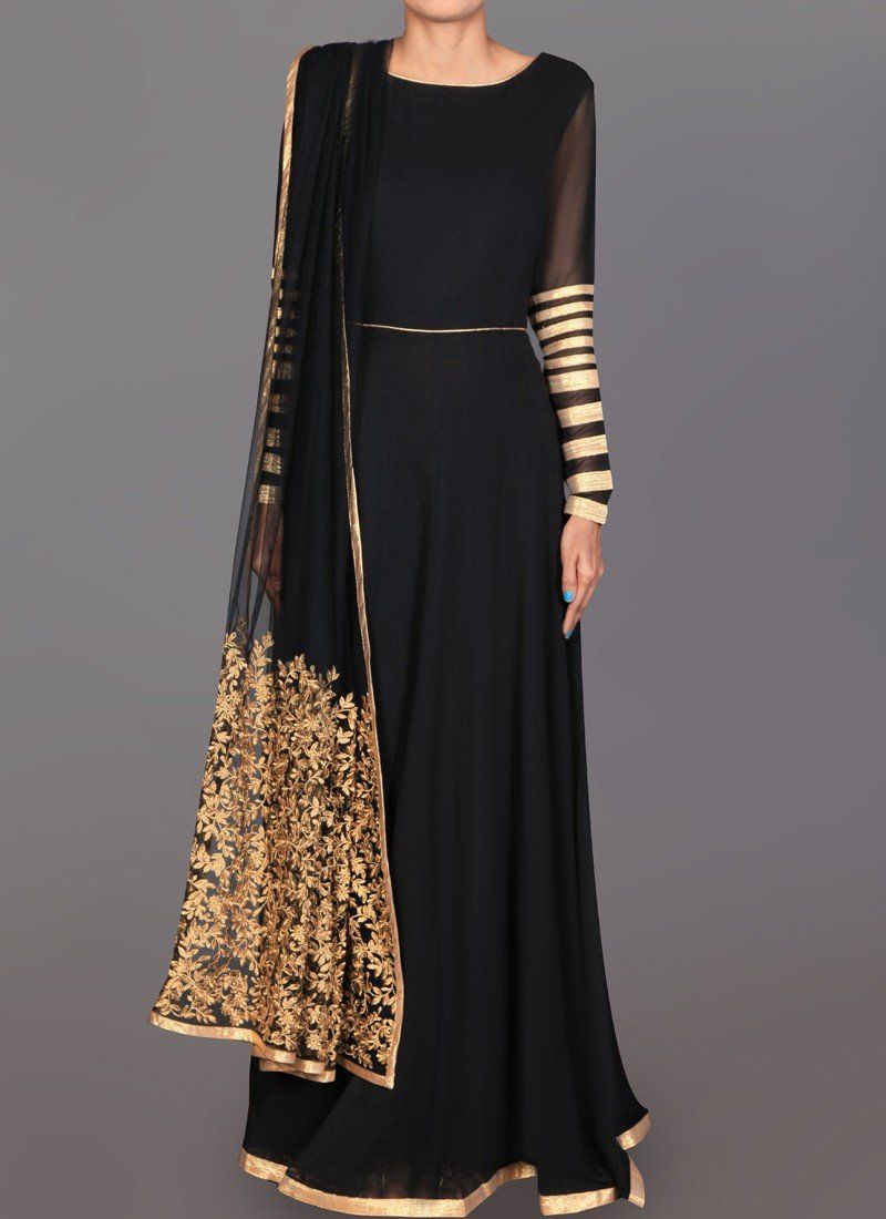 Black and Gold Embroidered Anarkali - Indian Clothing in Denver, CO, Aurora, CO, Boulder, CO, Fort Collins, CO, Colorado Springs, CO, Parker, CO, Highlands Ranch, CO, Cherry Creek, CO, Centennial, CO, and Longmont, CO. Nationwide shipping USA - India Fashion X