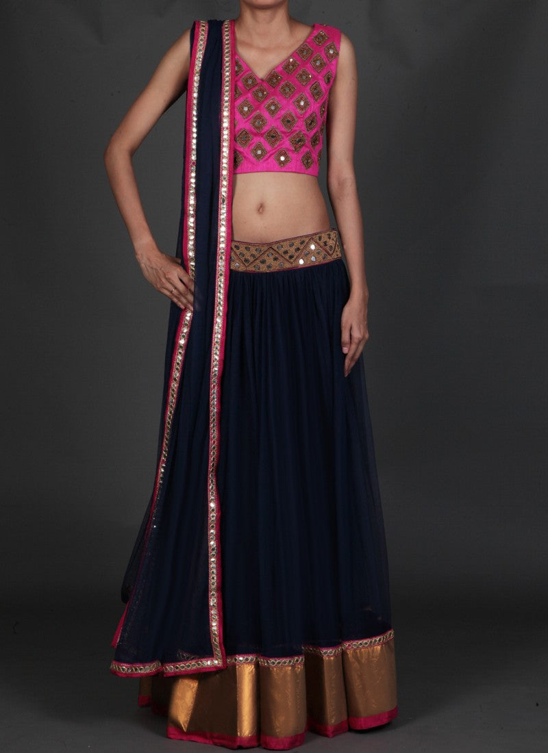 Pink and Navy Blue Mirror Work Embroidered Lehenga - Indian Clothing in Denver, CO, Aurora, CO, Boulder, CO, Fort Collins, CO, Colorado Springs, CO, Parker, CO, Highlands Ranch, CO, Cherry Creek, CO, Centennial, CO, and Longmont, CO. Nationwide shipping USA - India Fashion X