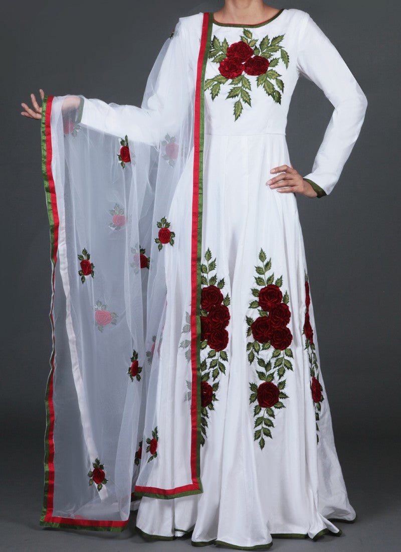 White Floral Embroidered Anarkali - Indian Clothing in Denver, CO, Aurora, CO, Boulder, CO, Fort Collins, CO, Colorado Springs, CO, Parker, CO, Highlands Ranch, CO, Cherry Creek, CO, Centennial, CO, and Longmont, CO. Nationwide shipping USA - India Fashion X