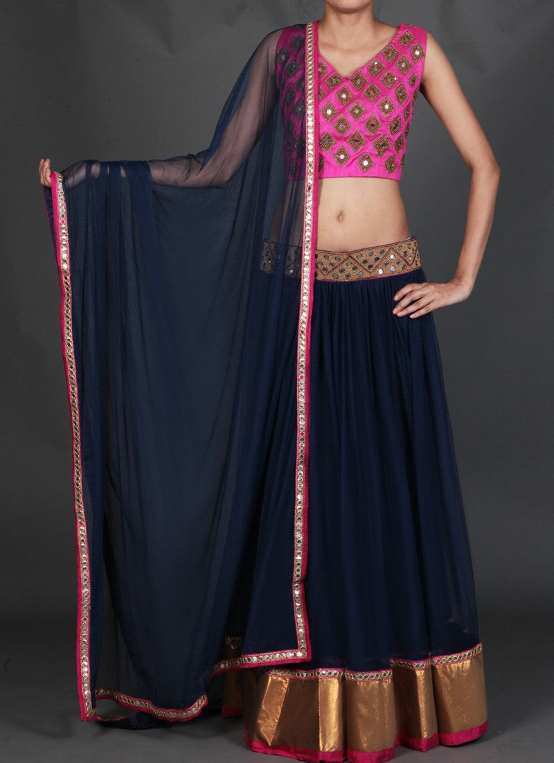 Pink and Navy Blue Mirror Work Embroidered Lehenga - Indian Clothing in Denver, CO, Aurora, CO, Boulder, CO, Fort Collins, CO, Colorado Springs, CO, Parker, CO, Highlands Ranch, CO, Cherry Creek, CO, Centennial, CO, and Longmont, CO. Nationwide shipping USA - India Fashion X
