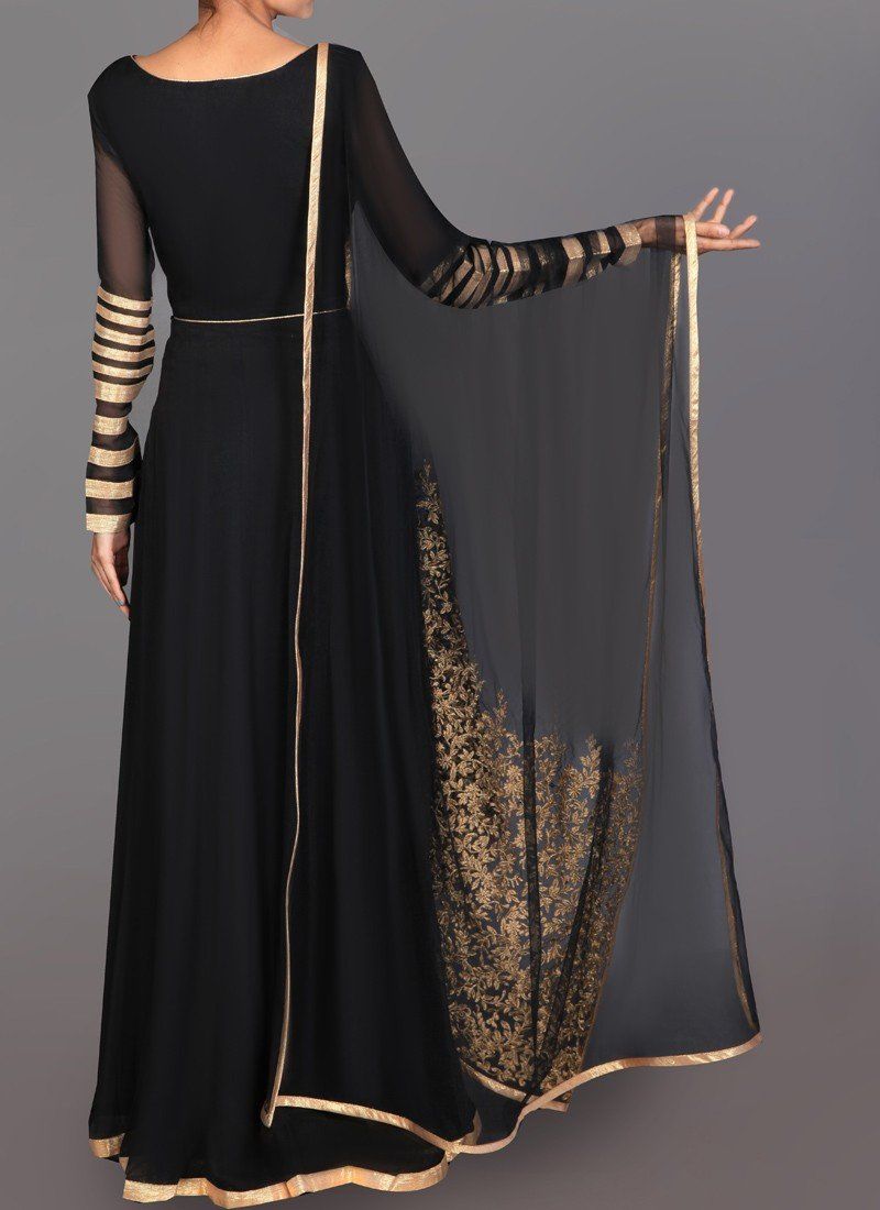 Black and Gold Embroidered Anarkali - Indian Clothing in Denver, CO, Aurora, CO, Boulder, CO, Fort Collins, CO, Colorado Springs, CO, Parker, CO, Highlands Ranch, CO, Cherry Creek, CO, Centennial, CO, and Longmont, CO. Nationwide shipping USA - India Fashion X