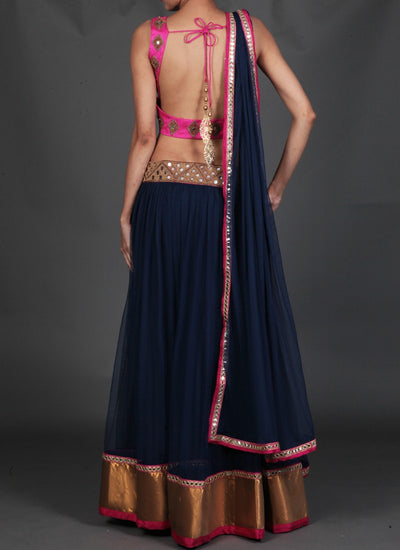 Pink and Navy Blue Mirror Work Embroidered Lehenga - Indian Clothing in Denver, CO, Aurora, CO, Boulder, CO, Fort Collins, CO, Colorado Springs, CO, Parker, CO, Highlands Ranch, CO, Cherry Creek, CO, Centennial, CO, and Longmont, CO. Nationwide shipping USA - India Fashion X