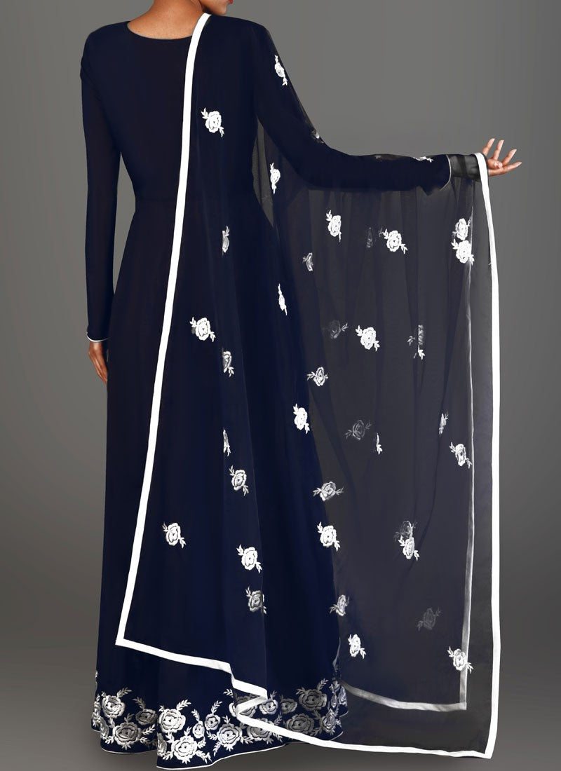Navy Blue and White Embroidered Anarkali - Indian Clothing in Denver, CO, Aurora, CO, Boulder, CO, Fort Collins, CO, Colorado Springs, CO, Parker, CO, Highlands Ranch, CO, Cherry Creek, CO, Centennial, CO, and Longmont, CO. Nationwide shipping USA - India Fashion X