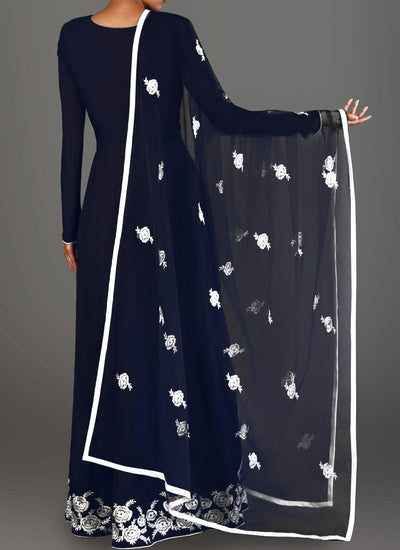 Navy Blue and White Embroidered Anarkali - Indian Clothing in Denver, CO, Aurora, CO, Boulder, CO, Fort Collins, CO, Colorado Springs, CO, Parker, CO, Highlands Ranch, CO, Cherry Creek, CO, Centennial, CO, and Longmont, CO. Nationwide shipping USA - India Fashion X