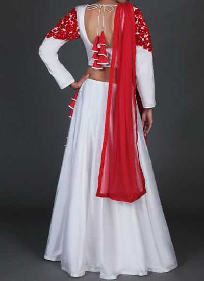 White and Red Embroidered Lehenga - Indian Clothing in Denver, CO, Aurora, CO, Boulder, CO, Fort Collins, CO, Colorado Springs, CO, Parker, CO, Highlands Ranch, CO, Cherry Creek, CO, Centennial, CO, and Longmont, CO. Nationwide shipping USA - India Fashion X
