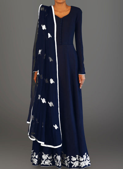 Navy Blue and White Embroidered Anarkali - Indian Clothing in Denver, CO, Aurora, CO, Boulder, CO, Fort Collins, CO, Colorado Springs, CO, Parker, CO, Highlands Ranch, CO, Cherry Creek, CO, Centennial, CO, and Longmont, CO. Nationwide shipping USA - India Fashion X