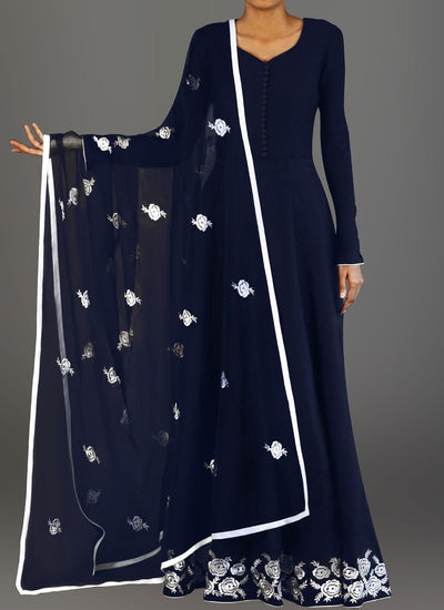 Navy Blue and White Embroidered Anarkali - Indian Clothing in Denver, CO, Aurora, CO, Boulder, CO, Fort Collins, CO, Colorado Springs, CO, Parker, CO, Highlands Ranch, CO, Cherry Creek, CO, Centennial, CO, and Longmont, CO. Nationwide shipping USA - India Fashion X