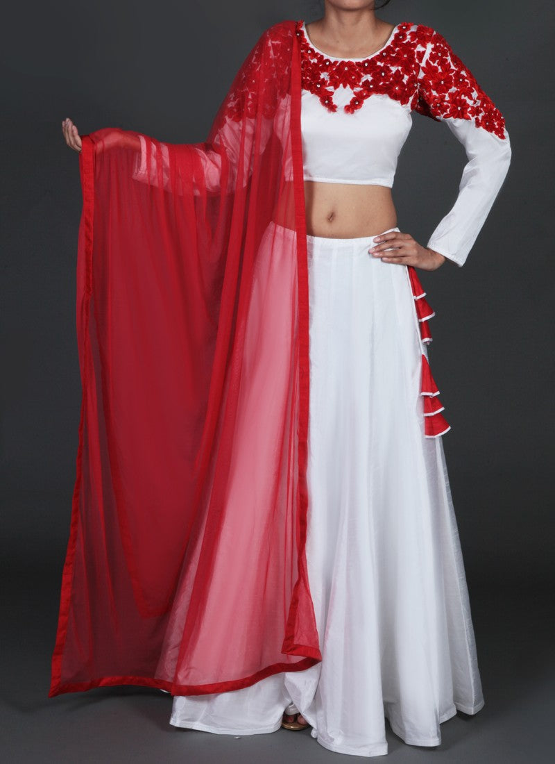 White and Red Embroidered Lehenga - Indian Clothing in Denver, CO, Aurora, CO, Boulder, CO, Fort Collins, CO, Colorado Springs, CO, Parker, CO, Highlands Ranch, CO, Cherry Creek, CO, Centennial, CO, and Longmont, CO. Nationwide shipping USA - India Fashion X
