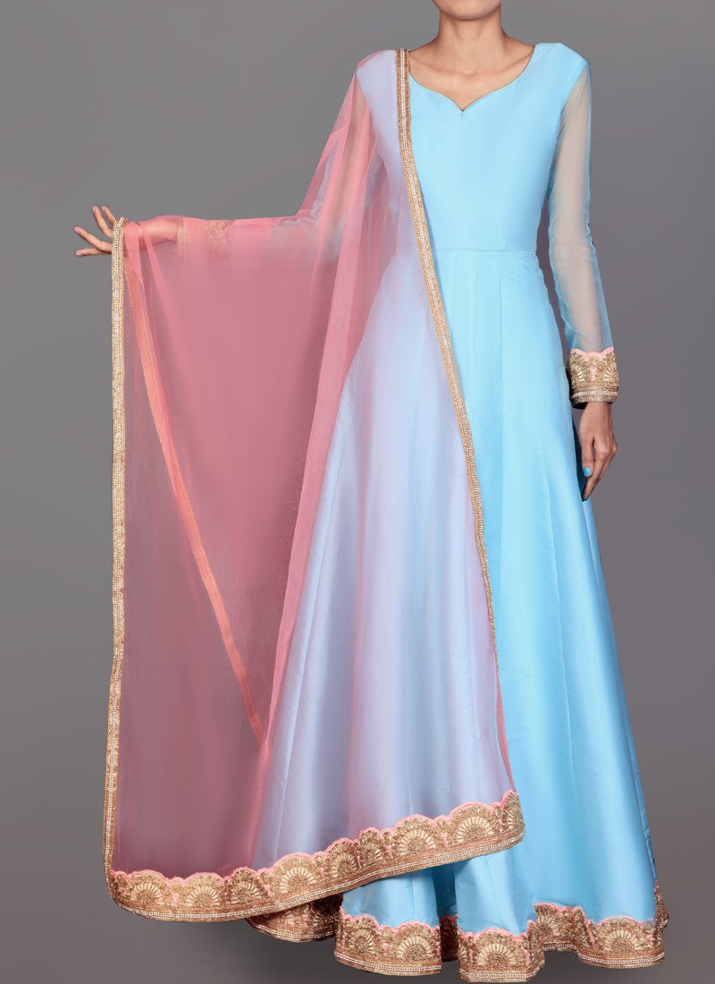 Powder Blue and Pink Dhupioni Silk Anarkali - Indian Clothing in Denver, CO, Aurora, CO, Boulder, CO, Fort Collins, CO, Colorado Springs, CO, Parker, CO, Highlands Ranch, CO, Cherry Creek, CO, Centennial, CO, and Longmont, CO. Nationwide shipping USA - India Fashion X