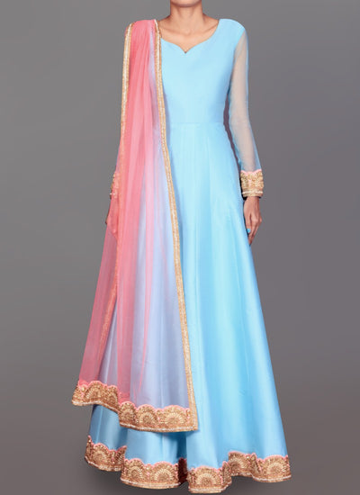 Powder Blue and Pink Dhupioni Silk Anarkali - Indian Clothing in Denver, CO, Aurora, CO, Boulder, CO, Fort Collins, CO, Colorado Springs, CO, Parker, CO, Highlands Ranch, CO, Cherry Creek, CO, Centennial, CO, and Longmont, CO. Nationwide shipping USA - India Fashion X