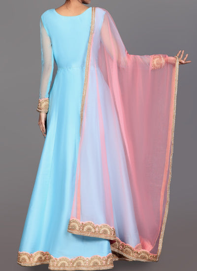Powder Blue and Pink Dhupioni Silk Anarkali - Indian Clothing in Denver, CO, Aurora, CO, Boulder, CO, Fort Collins, CO, Colorado Springs, CO, Parker, CO, Highlands Ranch, CO, Cherry Creek, CO, Centennial, CO, and Longmont, CO. Nationwide shipping USA - India Fashion X
