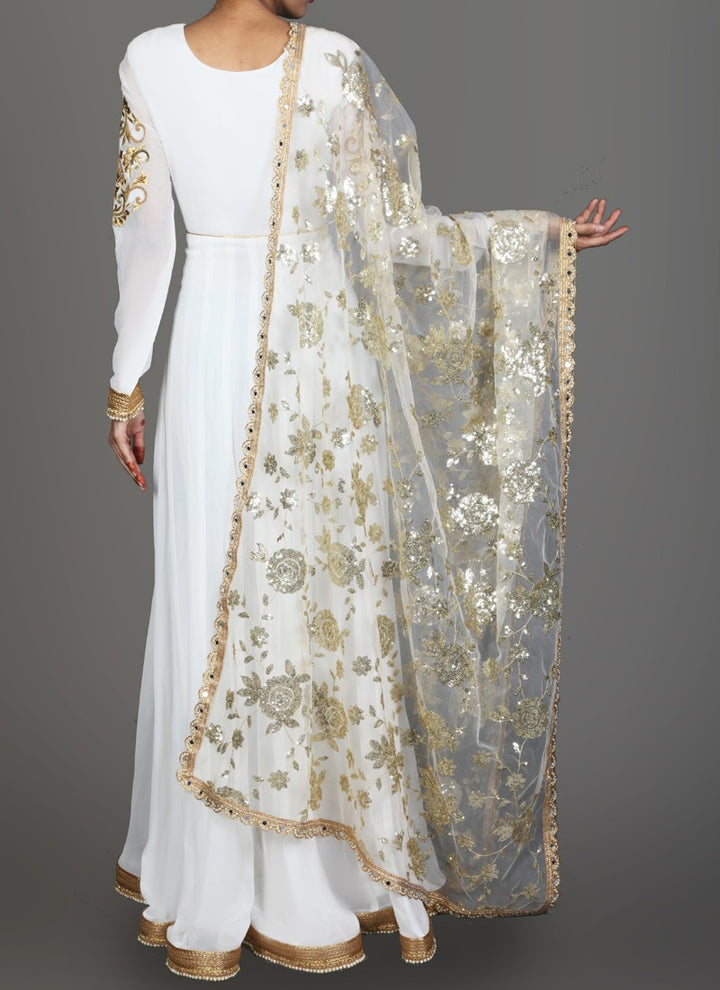White and Gold Embroidered Georgette Anarkali- Indian Clothing in Denver,  CO and Aurora, CO- India Fashion X – Indian Fashion Xpressions