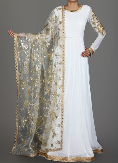 White and Gold Embroidered Georgette Anarkali - Indian Clothing in Denver, CO, Aurora, CO, Boulder, CO, Fort Collins, CO, Colorado Springs, CO, Parker, CO, Highlands Ranch, CO, Cherry Creek, CO, Centennial, CO, and Longmont, CO. Nationwide shipping USA - India Fashion X