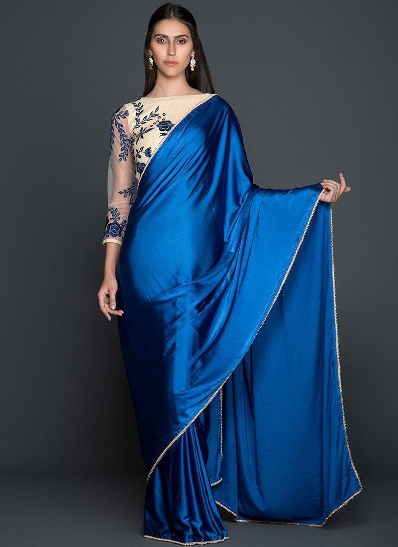 Blue and Cream Satin Saree - Indian Clothing in Denver, CO, Aurora, CO, Boulder, CO, Fort Collins, CO, Colorado Springs, CO, Parker, CO, Highlands Ranch, CO, Cherry Creek, CO, Centennial, CO, and Longmont, CO. Nationwide shipping USA - India Fashion X