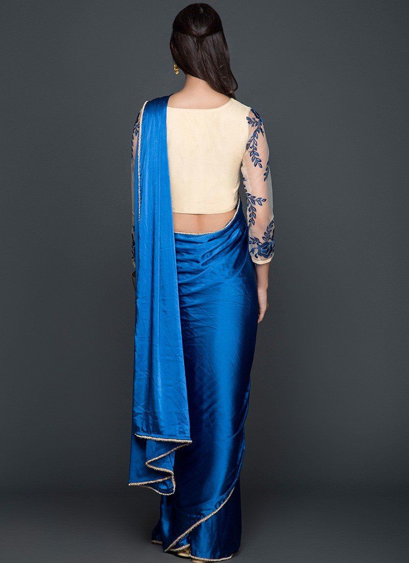 Blue and Cream Satin Saree - Indian Clothing in Denver, CO, Aurora, CO, Boulder, CO, Fort Collins, CO, Colorado Springs, CO, Parker, CO, Highlands Ranch, CO, Cherry Creek, CO, Centennial, CO, and Longmont, CO. Nationwide shipping USA - India Fashion X