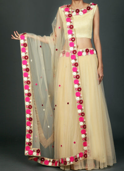 Golden Cream Multicolor Net Lehenga - Indian Clothing in Denver, CO, Aurora, CO, Boulder, CO, Fort Collins, CO, Colorado Springs, CO, Parker, CO, Highlands Ranch, CO, Cherry Creek, CO, Centennial, CO, and Longmont, CO. Nationwide shipping USA - India Fashion X